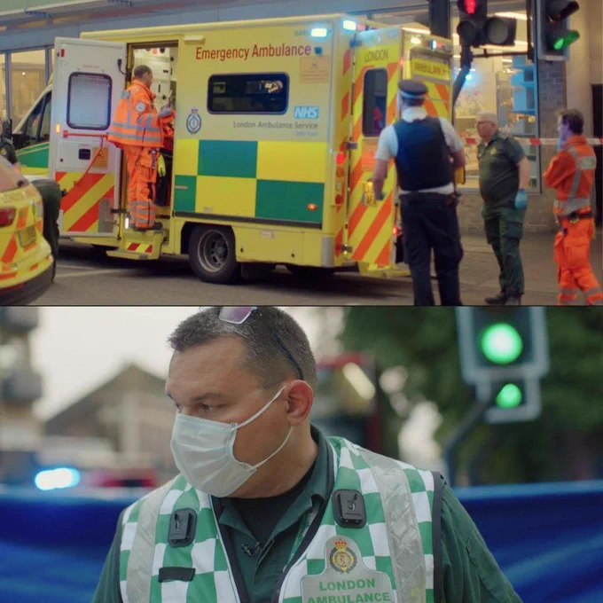 A split picture. 

Image 1, the top half of the image, shows a London Ambulance waiting to take a patient to hospital, with London's Air Ambulance medics, a LAS paramedic, and police in view. 

Image 2, the bottom half of the image, shows incident response officer Alan on-scene in his IRO uniform. 