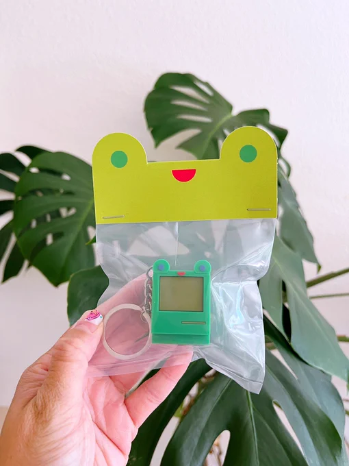 usb memory stick shaped like a frog-shaped computer, in a bag with a frog shaped cardstock topper, in front of monstera leaves