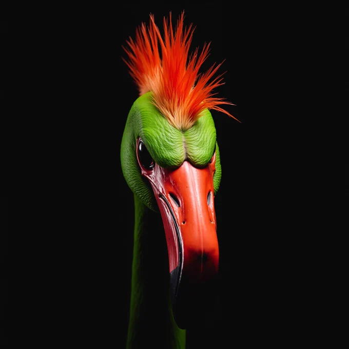 A menacing green flamingo with an orange mohawk is depicted in a photo, set against a stark black background and illuminated with precise studio lighting. Its beak is painted in a gruesome shade of red, adding to the overall intimidating appearance. The realism of the image is striking, with every detail meticulously captured. This high-quality portrayal truly brings out the fierce and terrifying nature of the creature, making it a captivating and chilling sight to behold.