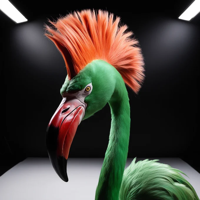 A menacing green flamingo with an orange mohawk is depicted in a photo, set against a stark black background and illuminated with precise studio lighting. Its beak is painted in a gruesome shade of red, adding to the overall intimidating appearance. The realism of the image is striking, with every detail meticulously captured. This high-quality portrayal truly brings out the fierce and terrifying nature of the creature, making it a captivating and chilling sight to behold.