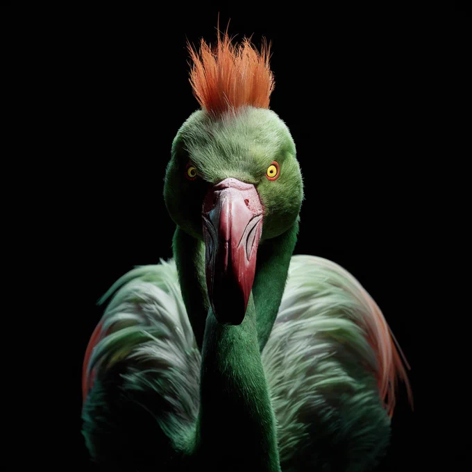 A menacing green flamingo with an orange mohawk is depicted in a photo, set against a stark black background and illuminated with precise studio lighting. Its beak is painted in a gruesome shade of red, adding to the overall intimidating appearance. The realism of the image is striking, with every detail meticulously captured. This high-quality portrayal truly brings out the fierce and terrifying nature of the creature, making it a captivating and chilling sight to behold.