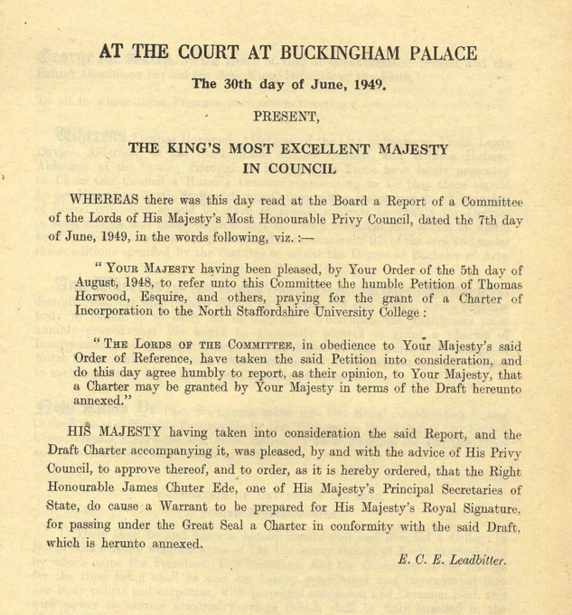 An aged, yellowed document titled "At the Court at Buckingham, The 30th day of June, 1949," which discusses a royal decree presented and approved by "The King’s Most Excellent Majesty." It contains formal text, signatures, and a reference to actions taken regarding a Royal Signature.