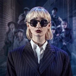 A film noir blond woman wearing sunglasses