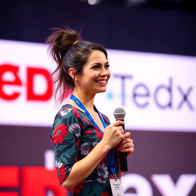 A photo of a beautiful smiling brunette, with long hair in a messy ponytail wearing a colorful dress with a blue lanyard around her neck holding a microphone at a "TedX" stage. She is smiling while talking to the audience. There is a white wall behind her and there is a yellow Google logo on it. She has a nice body shape. Her eyes look like they have something interesting or smart ideas inside them. The overall atmosphere conveys confidence and determination as she shares knowledge about AI tech with people from all walks of life, in the style of a TedX talk
