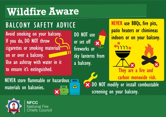 Balcony Safety Advice. Avoid smoking on your balcony. If you do, DO NOT throw cigarettes or smoking materials on or over the balcony. Use an ashtray with water in it. Do not use or set off fireworks or skylanterns. Never use BBQs, firepits, patio heaters or chimineas indoors or on your balcony. They are a fire and carbon monoxide risk. Never store flammable or hazardous material on balconies. Do not modify or install combustable screening on your balcony. 