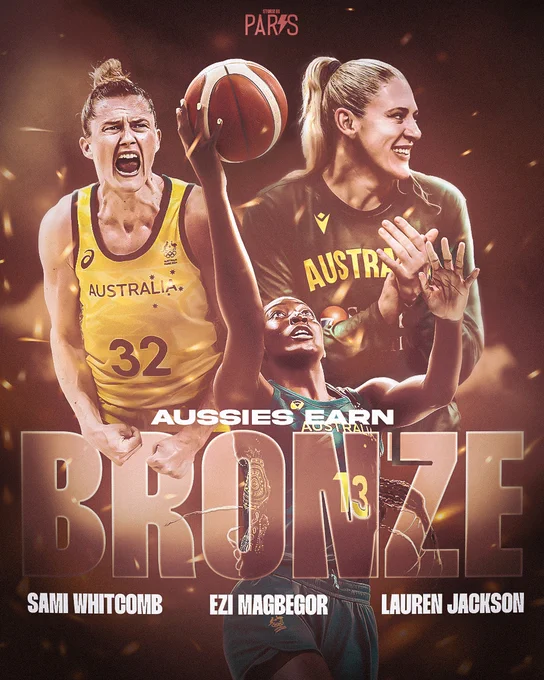 Graphic featuring images of Sami Whitcomb, Lauren Jackson, and Ezi Magbegor over text reading "Aussies earn bronze" over their names. 