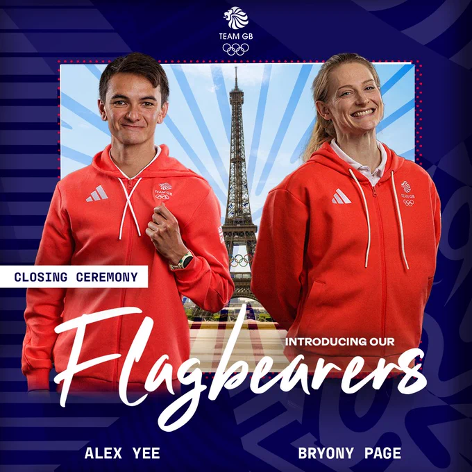 Graphic showing Team GB's two flagbearers: triathlete Alex Yee and trampoline gymnast Bryony Page. 