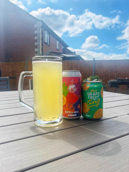 A pint of Extra Nice Radler with Ting in the garden