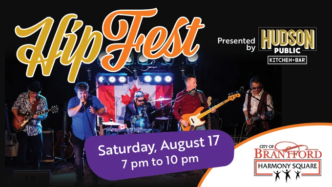HipFest presented by Hudson Public Kitchen   Bar Saturday, August 17 7 pm to 10 pm with Harmony Square logo.