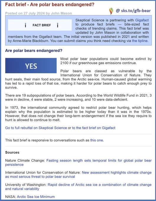 Screenshot of fact brief #11:
Fact Brief #11:
Q: Are polar bears endangered?
A: YES - Most polar bear populations could become extinct by 2100 if our greenhouse gas emissions continue.[...]