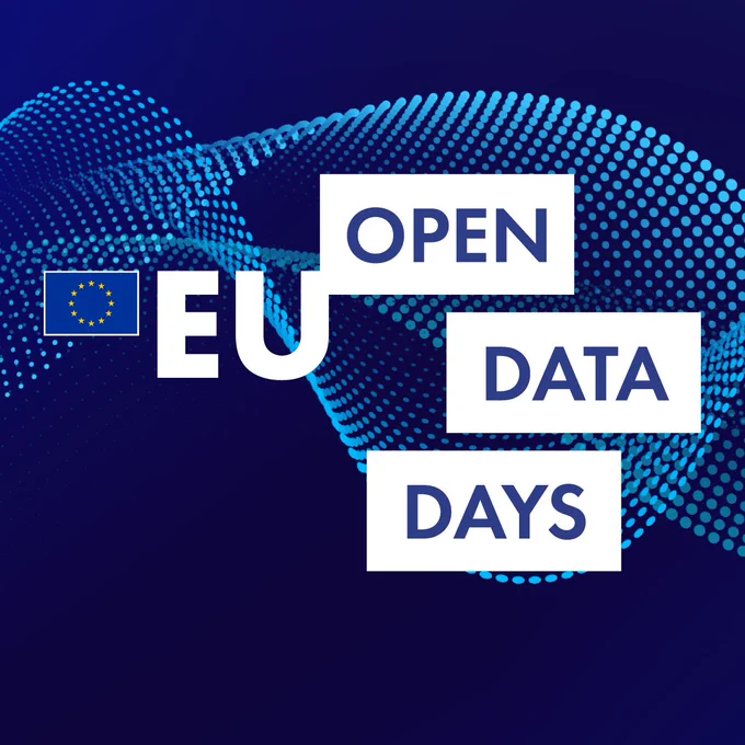 The title of the conference 'EU Open Data Days' stands out, wiith 'Open Data Days' in boxes. In the background are wavy dotted lines. The whole is suggestive of data and data visualisation. There is also the EU flag.