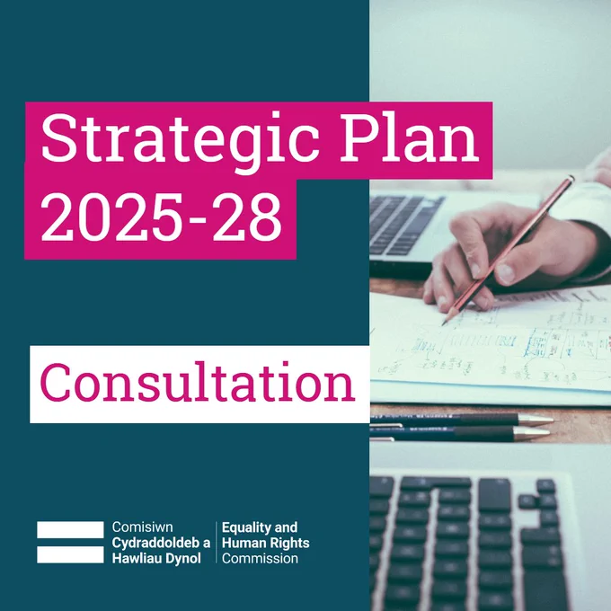 The image shows a teal background with an image of a hand writing on paper on the right hand side. The text in the foreground reads "Strategic Plan 2025-28 Consultation"