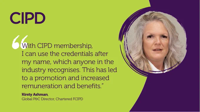 a green and purple banner promoting the values of cipd membership and credentials