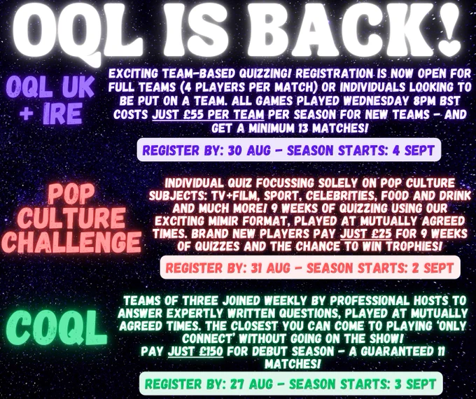 A poster with text: OQL is back!
And details of OQL UK and Ireland, Pop Culture Challenge, and COQL