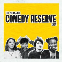 Four young comedians on a yellow background