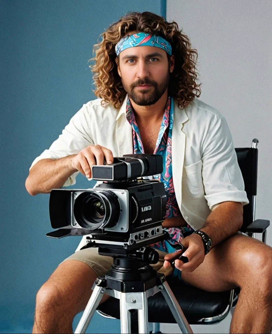 Man looking at us, with curly hair and bandana sitting in a directors chair with a film camera in front of him