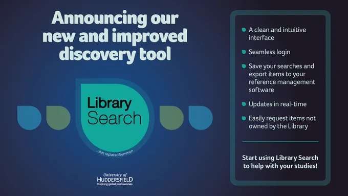 Graphic with the wording "Announcing our new and improved discovery tool: Library Search (has replaced Summon)" followed by the five bullets: A clean and intuitive interface, seamless login, save your searches and export items to your reference management software; updates in real-time; Easily request items not owned by the Library.  "Start using Library Search to help you with your studies!"