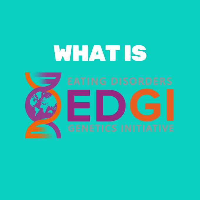 Teal background with white text reading 'What is EDGI (Eating Disorders Genetics Initiative'.
