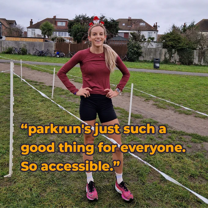 Image of Georgia Bell standing in parkrun finish funnel wearing a Christmas hat. On top of the image is the following quote - “parkrun's just such a good thing for everyone. So accessible.”