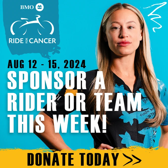 Promotional image for BMO Ride for Cancer Challenge Week, occurring August 12-15, 2024. It features a woman wearing a cycling jersey looking confidently at the viewer with the text "SPONSOR A RIDER OR TEAM THIS WEEK!" in large letters. A 'Donate Today' button with an arrow symbol is also displayed prominently. Bright yellow and blue tones dominate the background with abstract white lines suggesting speed or movement.