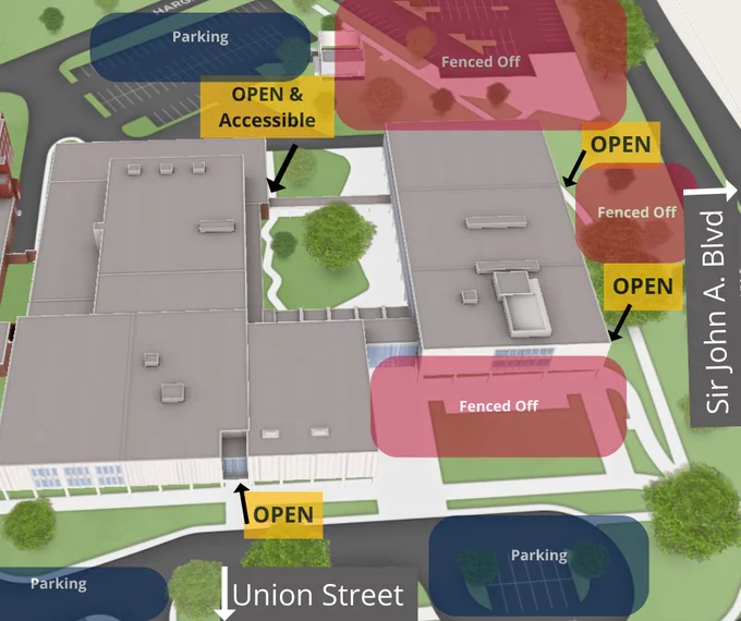 A map of the outside of Duncan McArthur Hall that shows where areas are fenced off, where there is parking, and what entrances are closed and open. 
