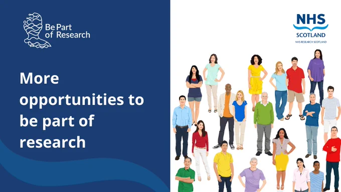 Promotional image from NHS Research Scotland titled 'Be Part of Research'. A diverse group of individuals stands side by side with an encouraging message about joining research opportunities.
