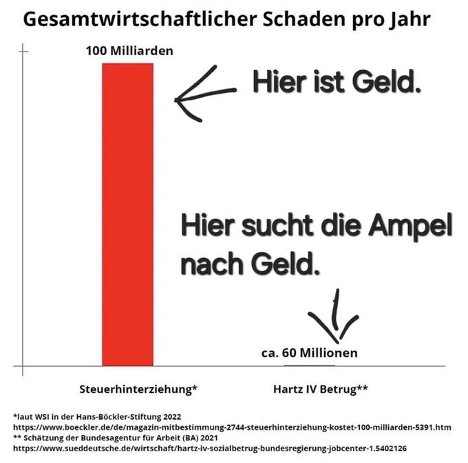 Ein Diagramm: 

Linke Seite 100 Milliarden Steuerhinterziehungen. Ein Pfeil „hier ist Geld“
Rechte Seite 60 Millionen Harz IV Betrug. Ein Pfeil „hier sucht die Ampel Geld“