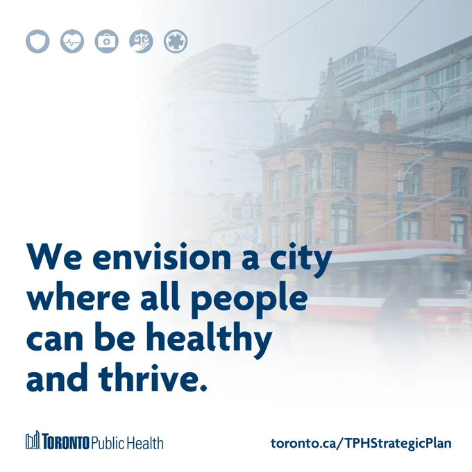 Image of Toronto streetcar. Text reads, “We envision a city where all people can be healthy and thrive.”