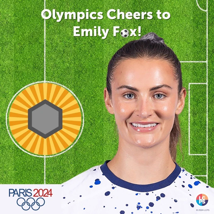 Illustration of an Olympic gold metal next to a profile picture of Emily Fox. There is a soccer field as a background. Text reading, "Olympics Cheers to Emily Fox!" with a soccer ball instead of an O in her name.