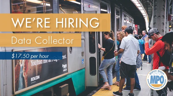 Image of passengers entering a green line train in Boston with text that says "we're hiring. Data Collector. $17.50 per hour"
