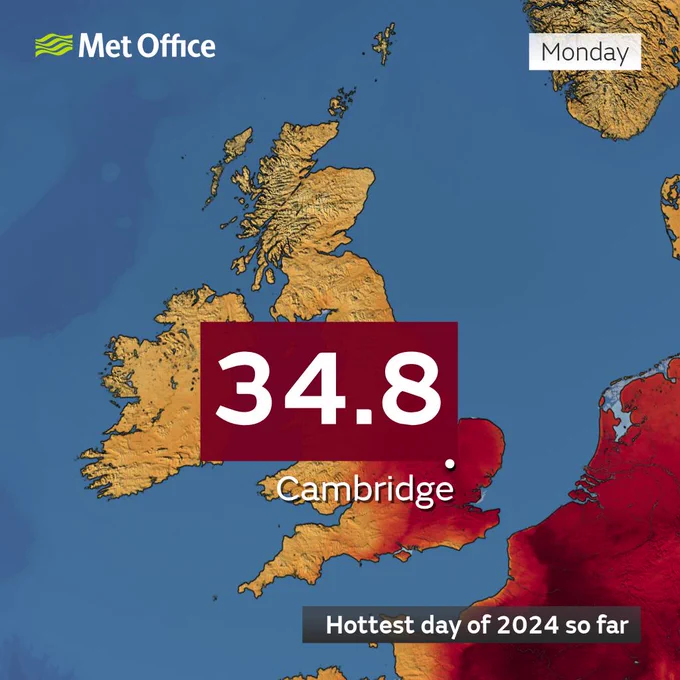A map of the UK showing a provisional maximum temperature of 34.8°C recorded in Cambridge, today 12th August 2024.