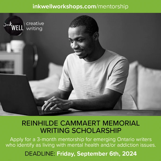 Person with short hair, wearing a t-shirt sitting down writing at a computer.

Text: Apply for a 3-month mentorship for emerging Ontario writers who identify as living with mental health and/or addiction issues. Deadline: Friday, September 6th, 2024