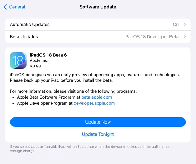 Settings app about to update to iPadOS 18 Beta 6