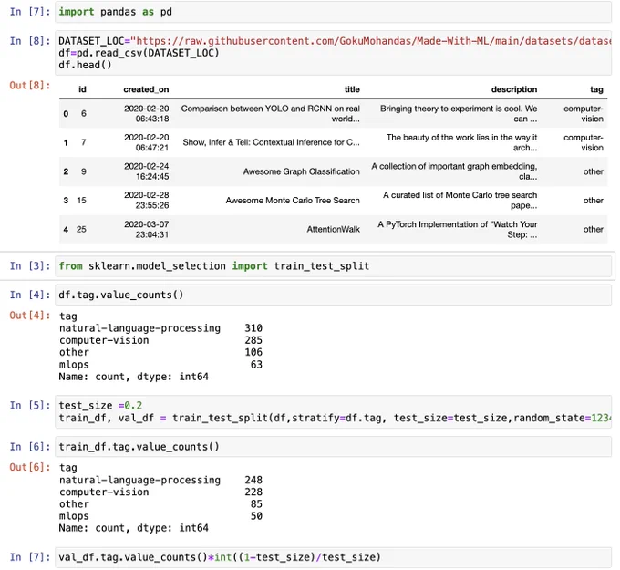 Screenshot of a Jupyter Notebook doing some data ingestion and split work with Python