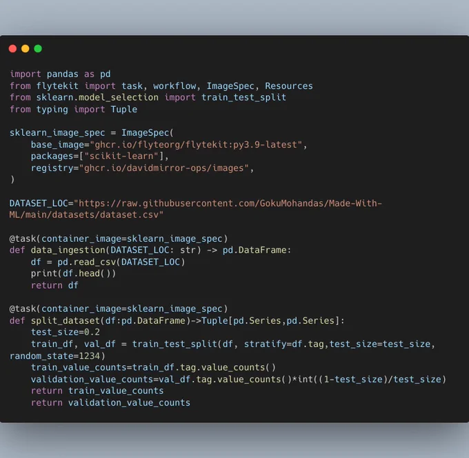 Screenshot of the same ingestion and split steps developed with Flyte's Python SDK