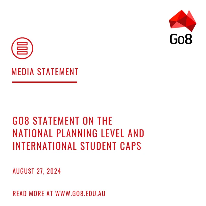 Go8 branded tile with the heading: "Media Statement" and the headline: "Go8 Statement on the National Planning Level and international student caps. August 27, 2024. Read more at www.go8.edu.au