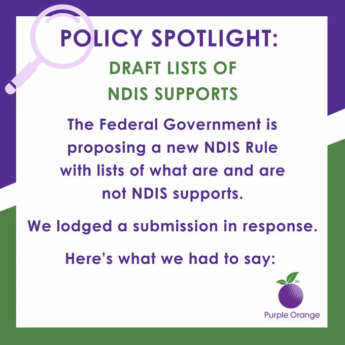 purple and green border with magnifying glass and PO logo. Text: policy spotlight. Draft list of NDIS supports. The Federal Government is proposing a new NDIS Rule with lists of what are and are not NDIS supports. We lodged a submission in response. Here’s what we had to say: 
