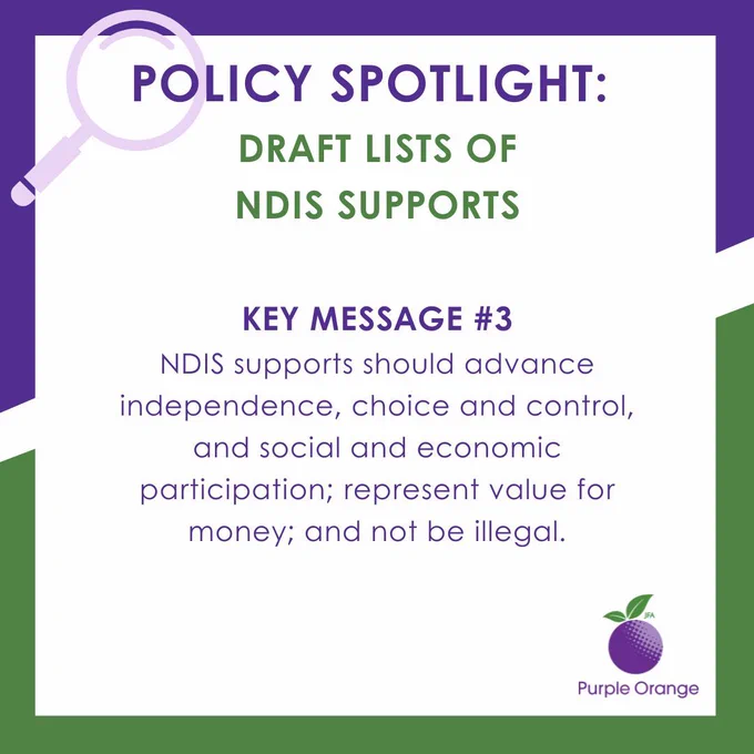 purple and green border with magnifying glass and PO logo. Text: policy spotlight. Draft list of NDIS supports. Key message 3. NDIS supports should advance independence, choice and control, and social and economic participation; represent value for money; and not be illegal.