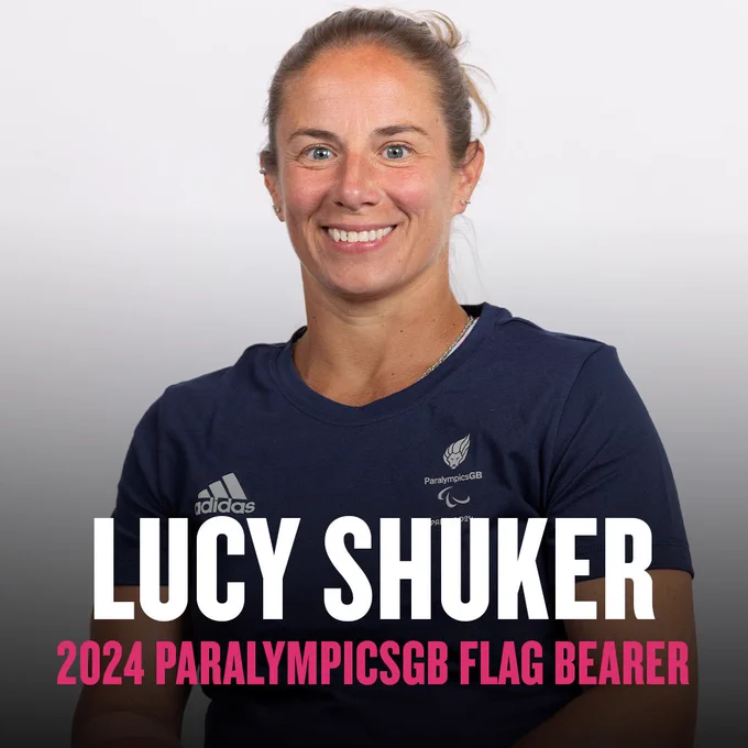 Graphic showing Lucy Shuker is a 2024 ParalympicsGB flag bearer