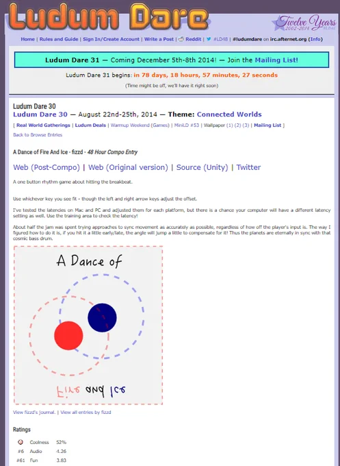 The Ludum Dare page of ADOFAI in 2014.