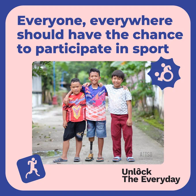 Graphic with text saying “Everyone, everywhere should have the chance to participate in sport”. Displayed with picture of children  with their arms round each other's shoulders. One of the children has a prosthetic leg.