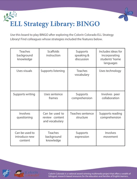 Screenshot of a bingo board to use in professional learning, inviting teachers to identify strategies that support ELL students in their peers' practice.