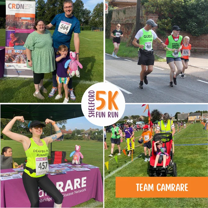 Grid of 4 photos from the 2023 shelford fun run: 1) family with a small girl, 2 woman running with a guide wearing a tabard saying 'visually impared runner', 3 person wearing a vest saying deaf blind runner, doing a strong arm post in front of the CamRARE stand, 4 man pushing a girl in an off road wheelchair over the finish line.