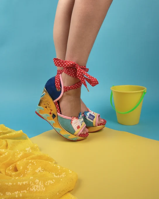 Irregular Choice 'Lifes A Beach' wedges. Seaside themed with red polka dot ribbon ties