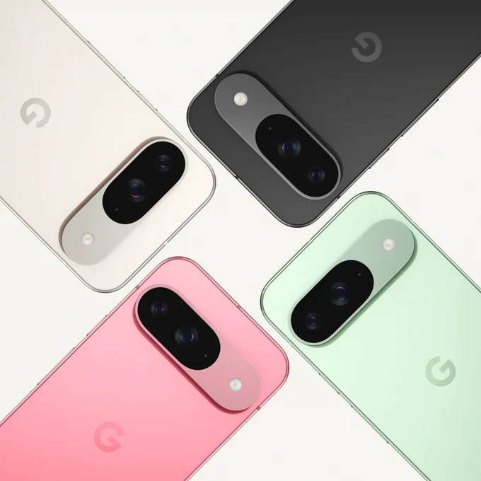 Four Pixel 9s in Porcelain, Obsidian, Wintergreen and Peony touching by the corners