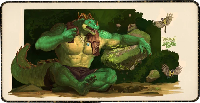 Painted picture of a crocodilian anthro character, sitting down with a towel around his neck, suggesting he's been resting. A rock is floating next to him as magic swirls spread from his arm to the stone. He looks surprised and startled, as do the birds flying away from him.