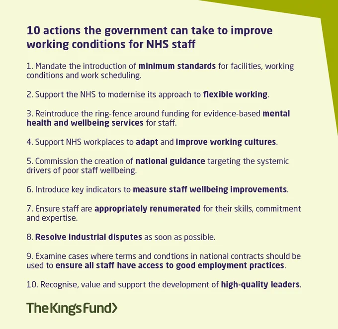 
10 actions the government can take to improve 
working conditions for NHS staff 

1. Mandate the introduction of minimum standards for facilities, working conditions and work scheduling. 

2. Support the NHS to modernise its approach to flexible working.

3. Reintroduce the ring-fence around funding for evidence-based mental health and wellbeing services for staff.

4. Support NHS workplaces to adapt and improve working cultures.

5. Commission the creation of national guidance targeting the systemic drivers of poor staff wellbeing.

6. Introduce key indicators to measure staff wellbeing improvements.

7. Ensure staff are appropriately renumerated for their skills, commitment and expertise.

8. Resolve industrial disputes as soon as possible. 

9. Examine cases where terms and condtions in national contracts should be used to ensure all staff have access to good employment practices.

10. Recognise, value and support the development of high-quality leaders.