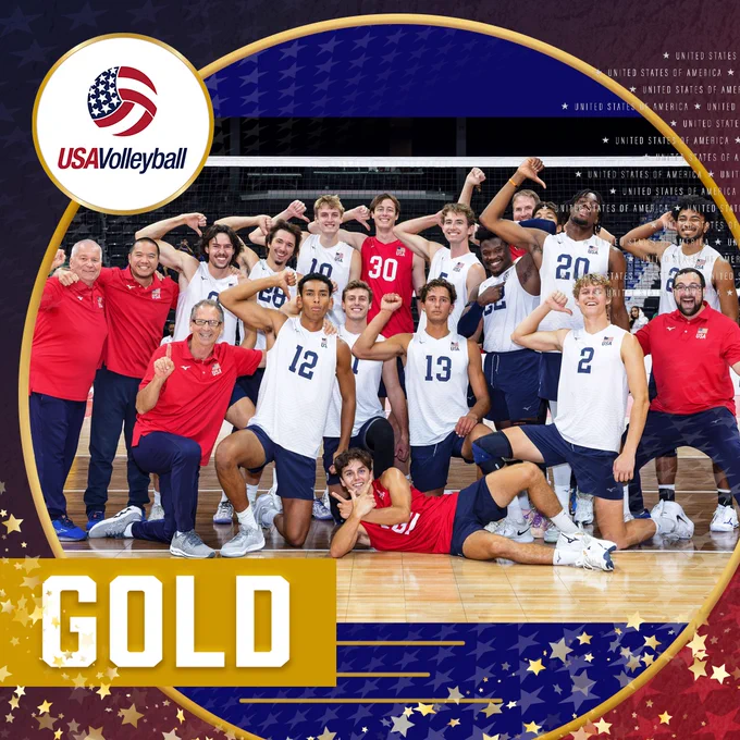 Group photo of the USA Volleyball team celebrating with a gold medal, smiling.