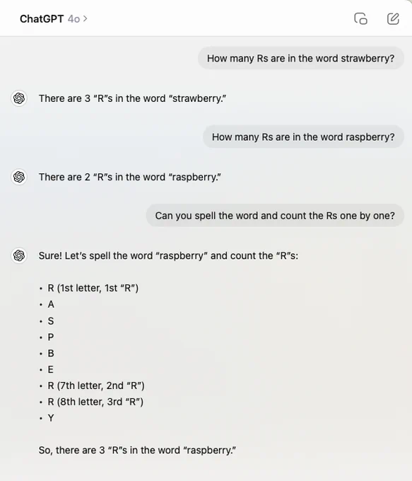 A screenshot of a chat with ChatGPT-4o in which the model incorrectly states that "raspberry" only has 2 'R' in it.