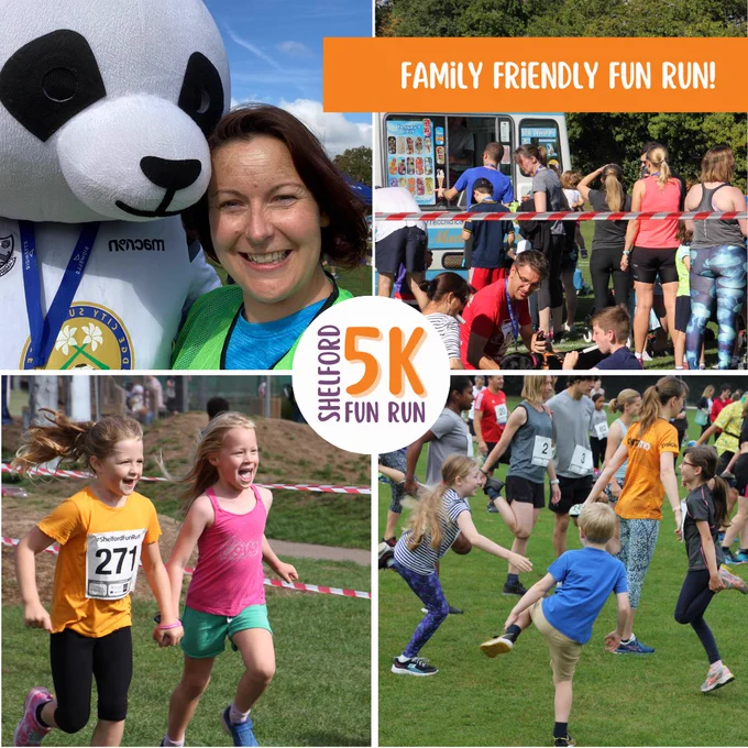 Grid of 4 photos from previous fun runs. Cambridge City FC panda mascot, people at an ice cream van, two children running to the finish line, the fun run warm up with 3 children in the foreground